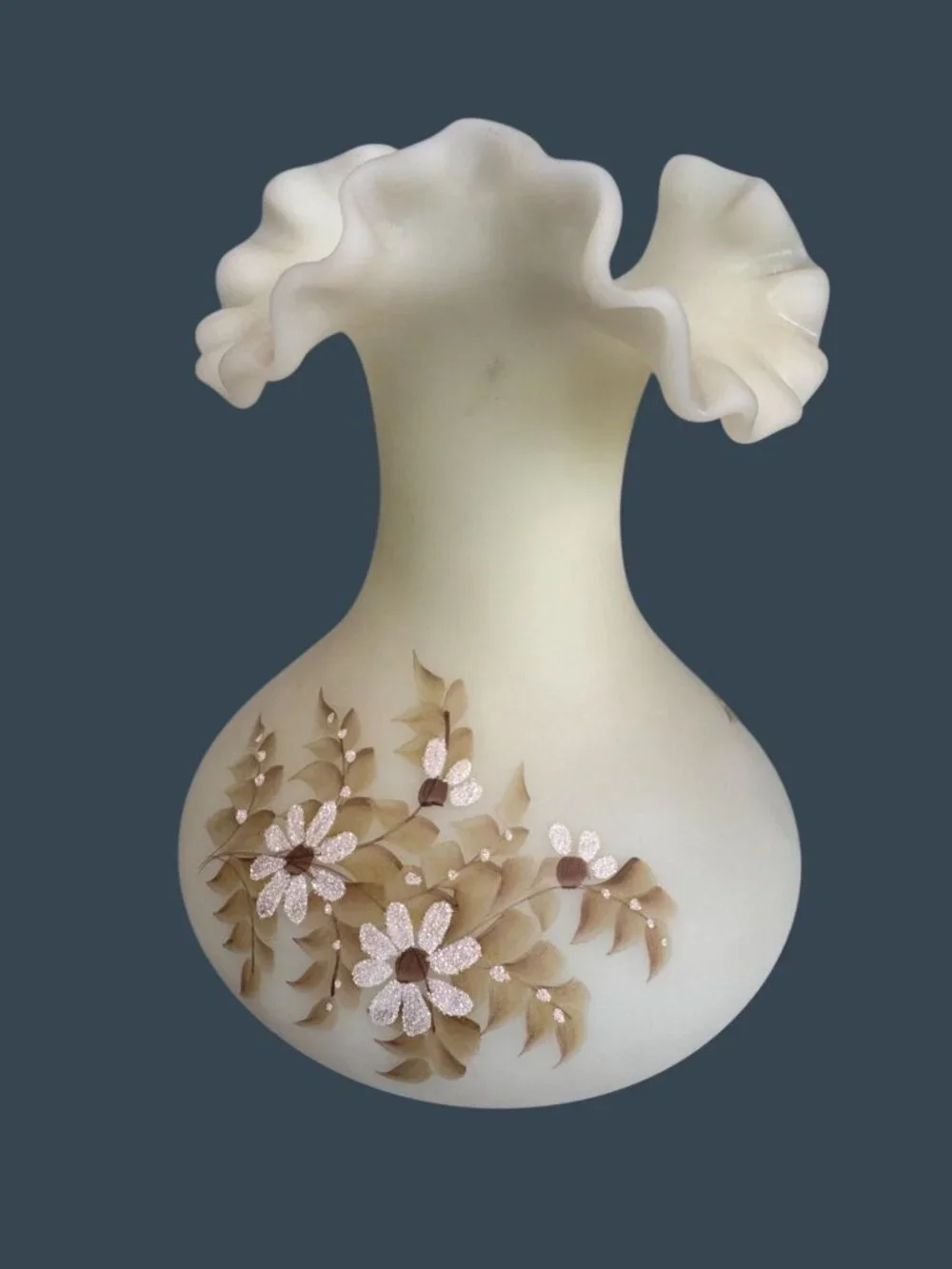 Vintage Fenton Custard Satin Uranium Glass Hand Painted Vase Alexis J Knopp UV